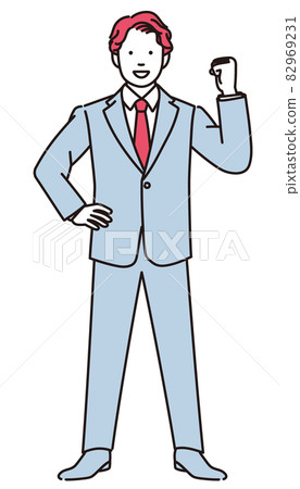 A simple full-body illustration of a businessman doing a guts pose 82969231