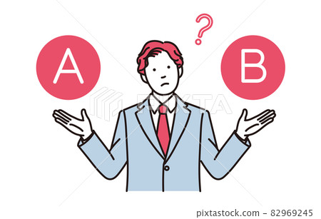A simple illustration of a businessman who thinks by showing two options A simple illustration of a businessman who thinks by showing two options 82969245
