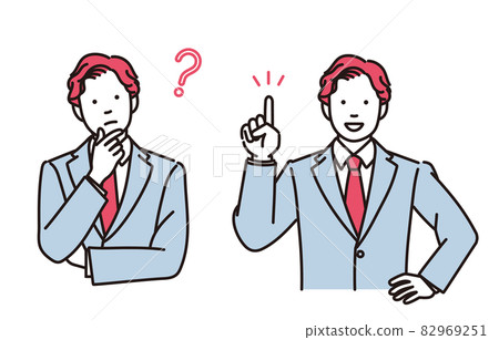Simple illustration of a businessman thinking or explaining with a smile 2 pose set 82969251