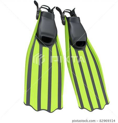 Green diving flippers isolated on white background. 3d render of diving and snorkeling equipment Green diving flippers isolated on white background. 3d render of diving and snorkeling equipment 82969314