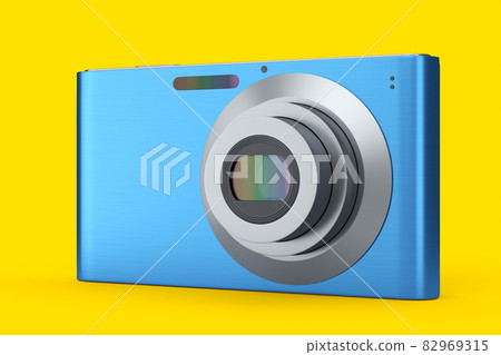 Stylish blue compact pocket digital camera isolated on yellow background. 3D rendered concept of vacation travel destination Stylish blue compact pocket digital camera isolated on yellow background. 3D rendered concept of vacation travel destination 82969315