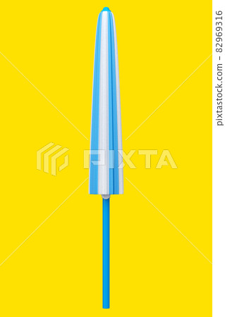 Blue striped beach umbrella for lounge zone on seashore isolated on yellow background. 3D rendering concept of vacation travel destination Blue striped beach umbrella for lounge zone on seashore isolated on yellow background. 3D rendering concept of vacation travel destination 82969316
