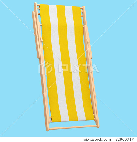 Yellow striped beach chair isolated on blue background. 3d rendering of beach and ocean vacations and summer getaways Yellow striped beach chair isolated on blue background. 3d rendering of beach and ocean vacations and summer getaways 82969317