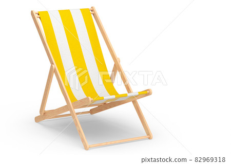 Yellow striped beach chair isolated on white background. 3d rendering of beach and ocean vacations and summer getaways 82969318