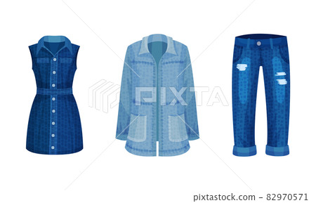 Fashion denim clothes set. Trendy female jeans, jacket and dress vector illustration Fashion denim clothes set. Trendy female jeans, jacket and dress vector illustration 82970571