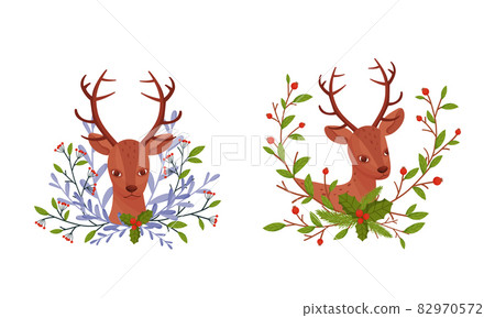 Cute fawn head among tree branches with berries cartoon vector illustration Cute fawn head among tree branches with berries cartoon vector illustration 82970572