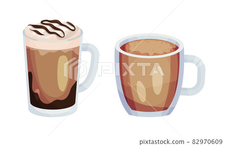 Glass mugs of coffee set. Tasty hot beverages assortment vector illustration 82970609