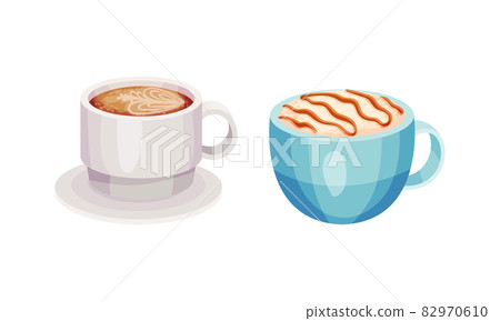 Cups of coffee set. Tasty aroma hot beverage in ceramic cups vector illustration 82970610