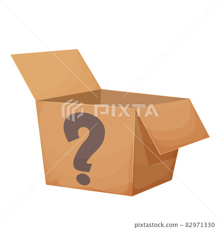 Mystery cardboard box with question, open, present in cartoon style isolated on white background. Funny lucky package, greeting. Mystery cardboard box with question, open, present in cartoon style isolated on white background. Funny lucky package, greeting. 82971330
