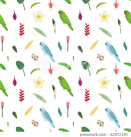 Seamless pattern with rose ringed parrots, tropical leaves, flowers and egg. Cute baby print for fabric and textile. Seamless pattern with rose ringed parrots, tropical leaves, flowers and egg. Cute baby print for fabric and textile. 82972195