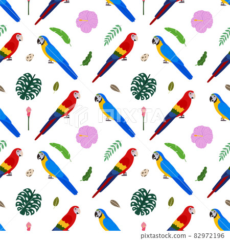 Seamless pattern with macaw parrots Ara, tropical leaves and flowers. Cute baby print for fabric and textile. 82972196