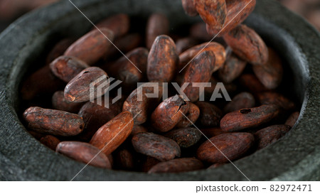 Freeze Motion Shot of Pouring Raw Cocoa Beans Freeze Motion Shot of Pouring Raw Cocoa Beans 82972471