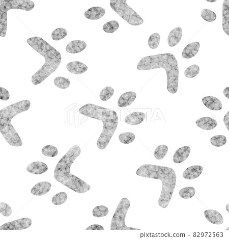 Flat cartoon animal footprint silhouette seamless pattern. Cat or dog foot, unknown animal. Black print paw trace. Vector illustration. Trendy style design Flat cartoon animal footprint silhouette seamless pattern. Cat or dog foot, unknown animal. Black print paw trace. Vector illustration. Trendy style design 82972563
