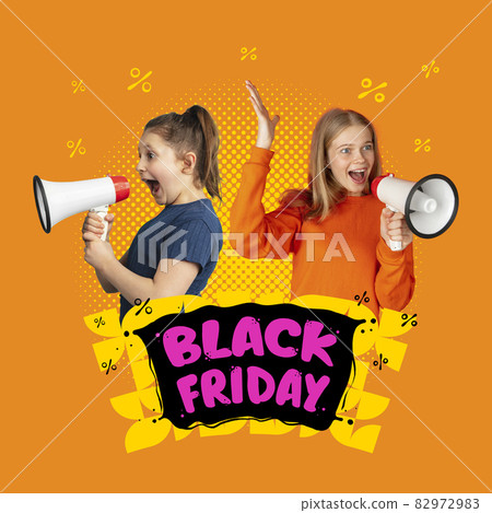Two surprised shocked girls shouting on orange color backgound. Human emotions, black friday, cyber monday, purchases, sales concept. 82972983