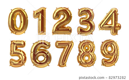 3D Render of Golden inflatable foil baloons set. Bright party decoration figures. Yellow numbers isolated on white background. 82973282