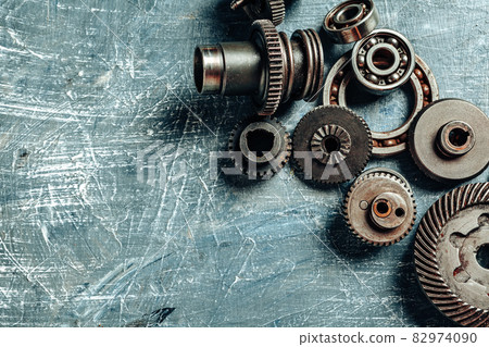 Top view of old rusty car parts Top view of old rusty car parts 82974090
