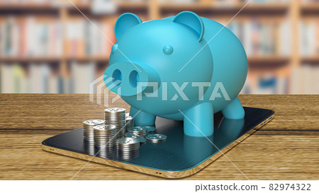 blue piggy bank and coins on tablet for ... - Stock Illustration ...