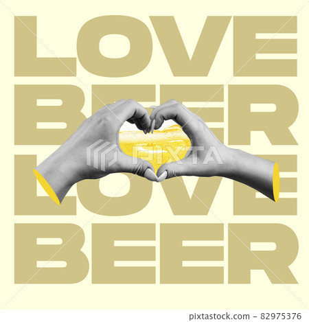 Contemporary art collage of female hands forming heart shape with beer inside isolated over yellow lettering background 82975376