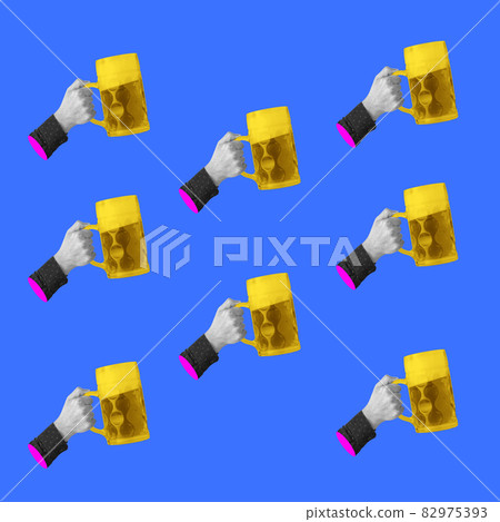 Contemporary art collage of human hands holding glass of lager foamy beer isolated over blue background 82975393