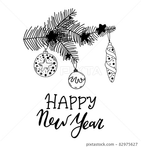 Christmas balls on a fir branch. doodle Vector christmas toys on a tree branch. Christmas pine tree branch hand drawn. dlack white isolated 82975627