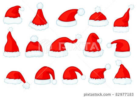 Cartoon santa claus hats, christmas red santas caps. Xmas photo booth props, winter holiday new year party costume elements vector set 82977183