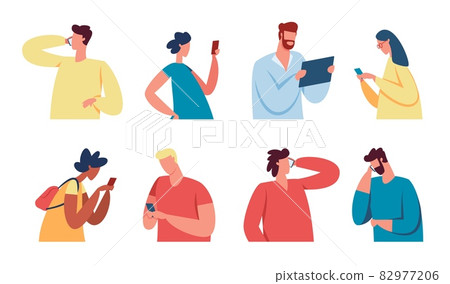 People with gadgets, young characters use mobile phones or tablets. Men and women talking on smartphone, texting, using social media vector set 82977206