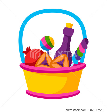 Happy Purim Jewish holiday basket. Traditional carnival symbols. Happy Purim Jewish holiday basket. Traditional carnival symbols. 82977540