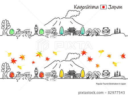 Simple line drawing set of sightseeing spots in Kagoshima prefecture in autumn 82977543