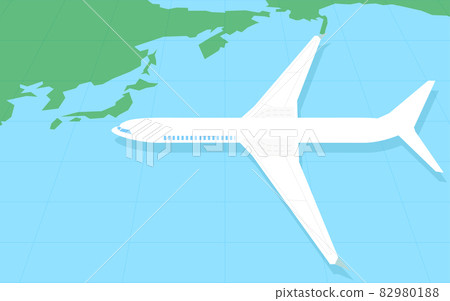 日本周邊的簡單世界地圖和飛機模型的鳥瞰圖 82980188