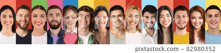Creative Collage With Multiple Happy Human Portraits Over Colorful Backgrounds Creative Collage With Multiple Happy Human Portraits Over Colorful Backgrounds 82980352