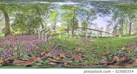 Low Angle Ground View Near Farm, Green Trees and Farm Fencing, 360 Low Angle Ground View Near Farm, Green Trees and Farm Fencing, 360 82980354
