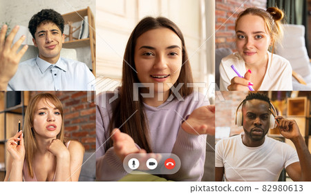 Group of men and women meeting via group video call, share ideas, brainstorming use video conference. Collage, teamwork, teambuilding Group of men and women meeting via group video call, share ideas, brainstorming use video conference. Collage, teamwork, teambuilding 82980613