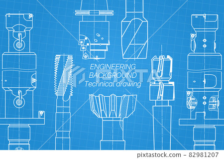 Mechanical engineering drawings on blue background. Tap tools, borer. Technical Design. Cover. Blueprint. Vector illustration. 82981207