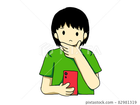 A boy who is worried about looking at a smartphone A boy who is worried about looking at a smartphone 82981319