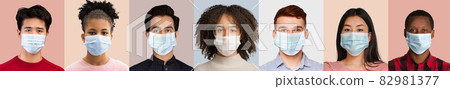 Headshot of serious calm asian, black, arabian, caucasian men and women in protective masks 82981377