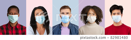 Calm confident young and adult multiethnic people in protective masks look at camera Calm confident young and adult multiethnic people in protective masks look at camera 82981480