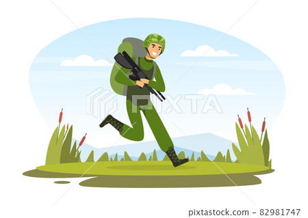 Man as Military Special Force in Uniform and Rifle Running with Rucksack Vector Illustration 82981747