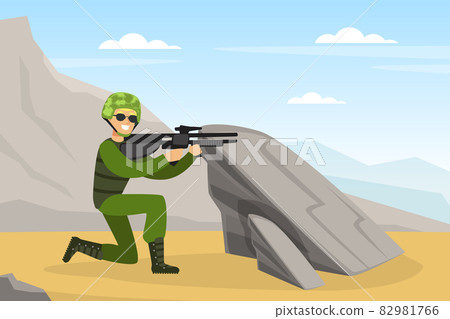 Man as Military Special Force in Uniform and Rifle in Aiming Pose Vector Illustration Man as Military Special Force in Uniform and Rifle in Aiming Pose Vector Illustration 82981766