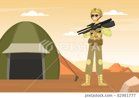 Man as Military Special Force in Uniform and Rifle Standing Near Tent Vector Illustration Man as Military Special Force in Uniform and Rifle Standing Near Tent Vector Illustration 82981777
