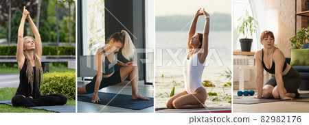 Composite image of shots of beautiful sportive women in sportswear doing yoga exercises outdoors and indoors. Concept of healthy lifestyle Composite image of shots of beautiful sportive women in sportswear doing yoga exercises outdoors and indoors. Concept of healthy lifestyle 82982176