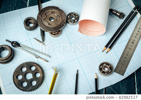 Car engineering tools top view on graph paper Car engineering tools top view on graph paper 82982517