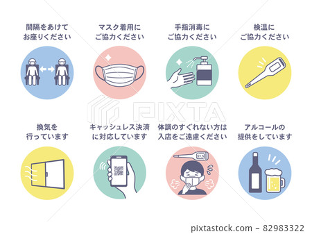 Coronavirus countermeasure icon poster for restaurants and stores with Japanese text Coronavirus countermeasure icon poster for restaurants and stores with Japanese text 82983322