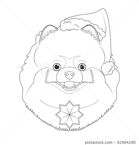 Christmas greeting card for coloring. Pomeranian dog with Santa's hat and a Christmas ornament 82984280