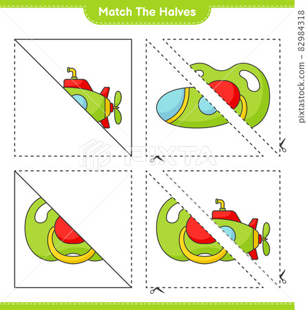 Match the halves. Match halves of Submarine and Pacifier. Educational children game, printable worksheet, vector illustration 82984318