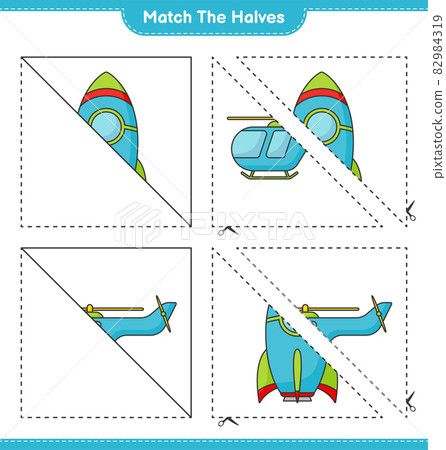 Match the halves. Match halves of Rocket and Helicopter. Educational children game, printable worksheet, vector illustration Match the halves. Match halves of Rocket and Helicopter. Educational children game, printable worksheet, vector illustration 82984319