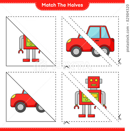 Match the halves. Match halves of Robot Character and Car. Educational children game, printable worksheet, vector illustration Match the halves. Match halves of Robot Character and Car. Educational children game, printable worksheet, vector illustration 82984320
