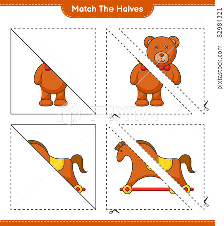 Match the halves. Match halves of Teddy Bear and Rocking Horse. Educational children game, printable worksheet, vector illustration Match the halves. Match halves of Teddy Bear and Rocking Horse. Educational children game, printable worksheet, vector illustration 82984321