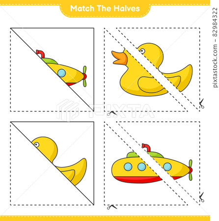 Match the halves. Match halves of Submarine and Rubber Duck. Educational children game, printable worksheet, vector illustration Match the halves. Match halves of Submarine and Rubber Duck. Educational children game, printable worksheet, vector illustration 82984322