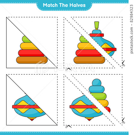 Match the halves. Match halves of Pyramid Toy and Whirligig Toy. Educational children game, printable worksheet, vector illustration 82984323
