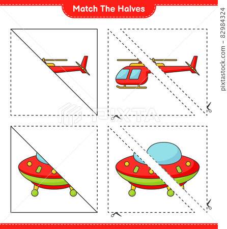Match the halves. Match halves of Helicopter and Ufo. Educational children game, printable worksheet, vector illustration Match the halves. Match halves of Helicopter and Ufo. Educational children game, printable worksheet, vector illustration 82984324
